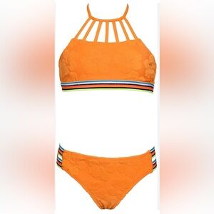 NWT Hobie Girls Bright Orange Strappy Halter Top Bikini Swim Set